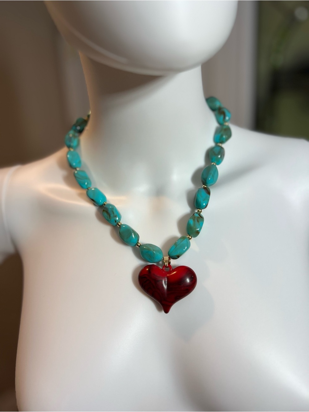 Turquoise Bead Necklace with Red Heart Pendant - Women Jewelry